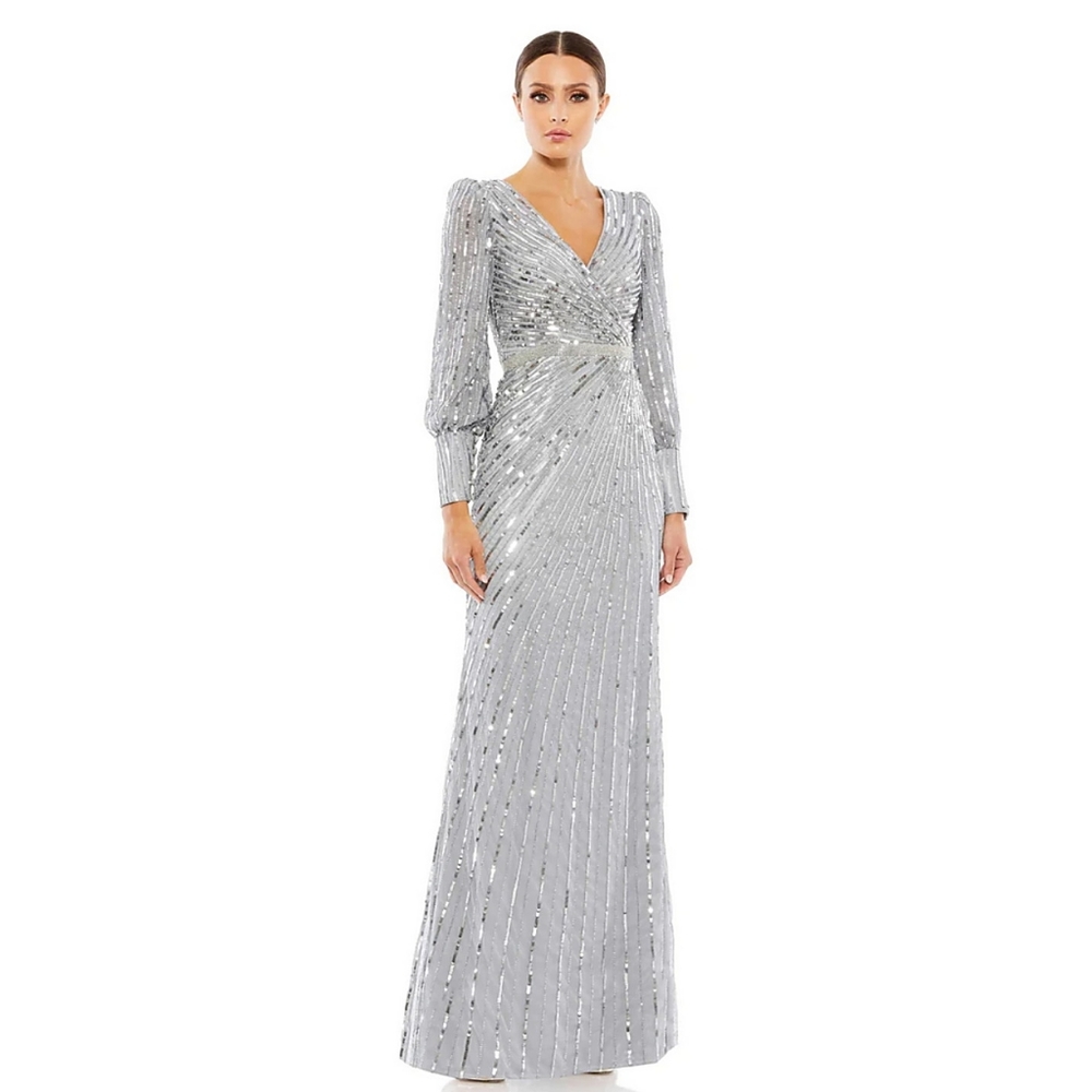 MAC DUGGAL size 8 SEQUINED WRAP OVER BISHOP SLEEVE GOWN DRESS